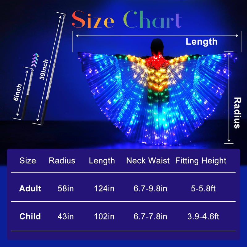iMucci LED Lights Belly Dance Isis Glow Angel dance Wings with Telescopic Sticks Flexible Rods for Adults and Child Multicolor - Image 5